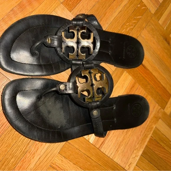 Tory Burch Black Miller Sandals with Silver Logo - Picture 2 of 4